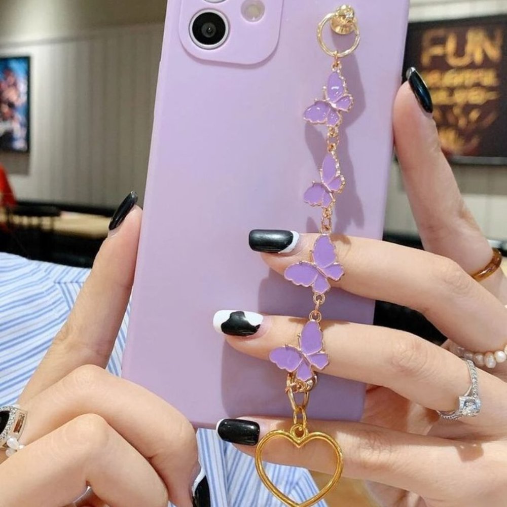 Solid Phone Case With Butterfly Decor Hand Strap iphone 13 and 13 pro max